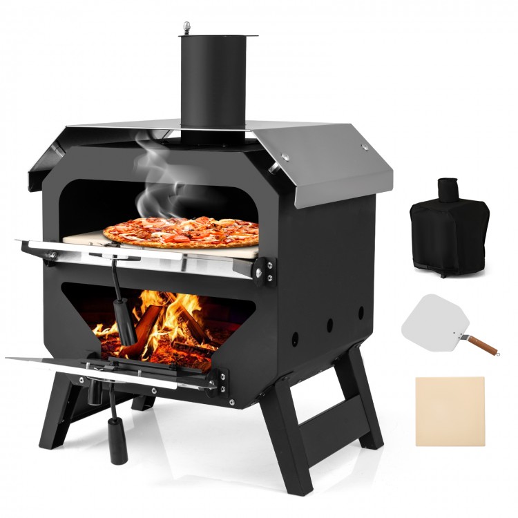 12-inch outdoor pizza oven in black with chimney, pizza stone, and firewood, ideal for patio and camping BBQs.