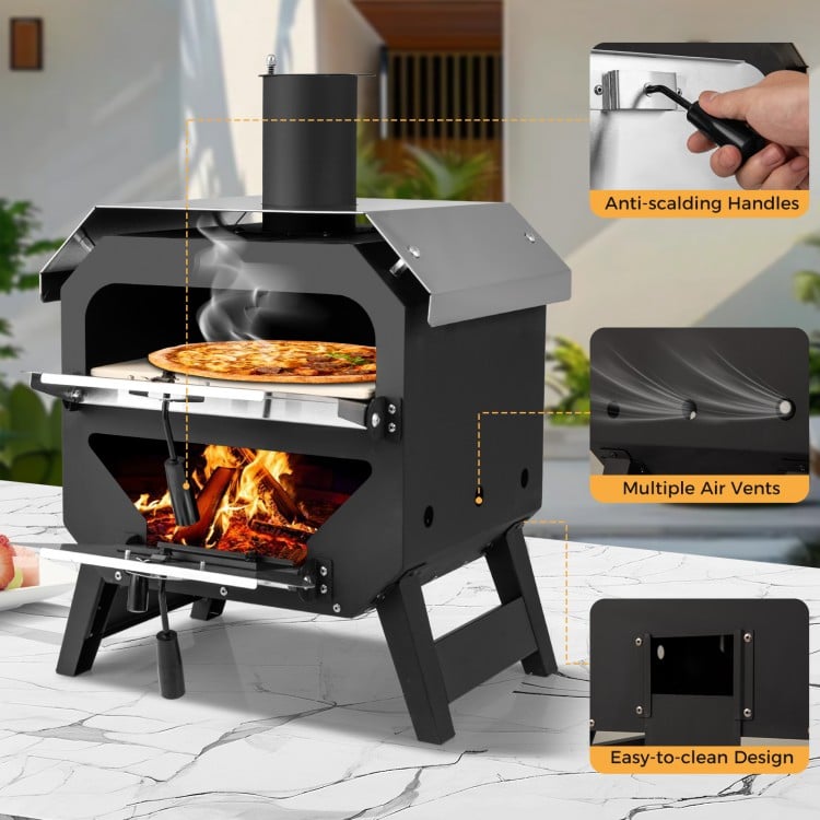 12-inch outdoor pizza oven in black with anti-scalding handles, multiple air vents, perfect for patio and camping use.