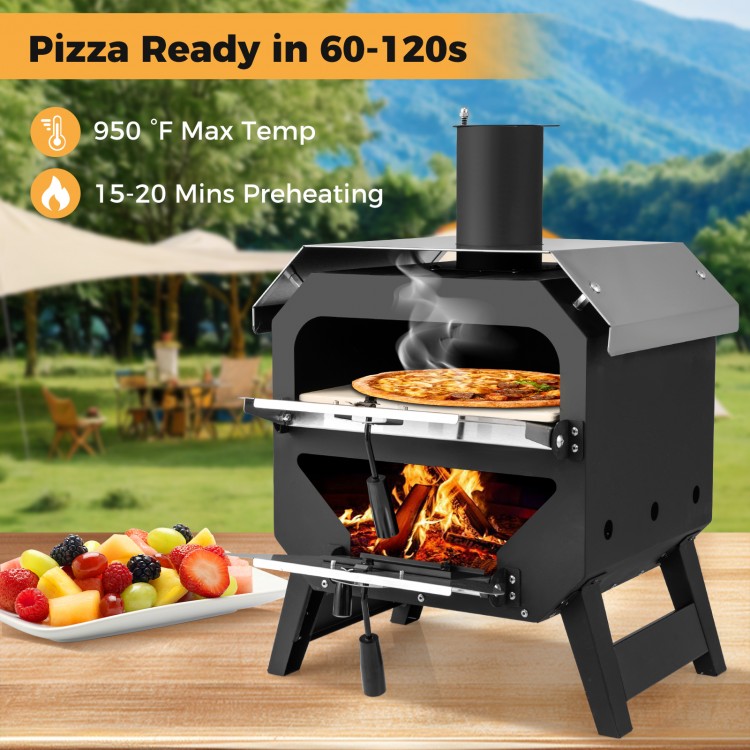 12-inch outdoor pizza oven in black with chimney, ready for quick cooking, ideal for patio or camping use.