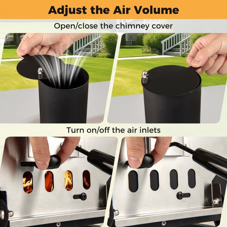Adjustable air volume features of the 12-inch outdoor pizza oven, designed for efficient cooking and outdoor use.