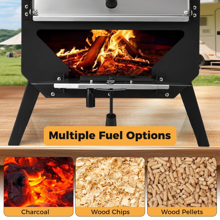 12-inch outdoor pizza oven showcasing multiple fuel options: charcoal, wood chips, and wood pellets for versatile.
