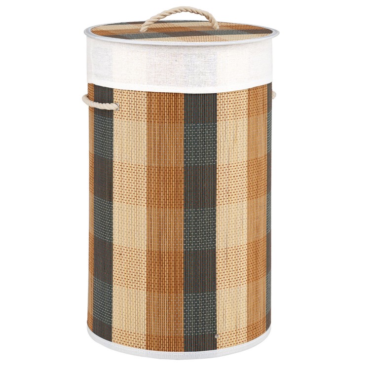 Multicolor 13.2-gallon laundry hamper with removable liner, bamboo frame, and lid for dust-free storage.