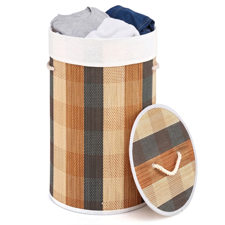 Multicolor 13.2-gallon laundry hamper with a bamboo frame, removable liner, and a lid for dust-free storage.