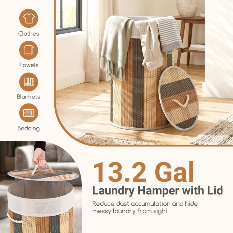 Laundry hamper with lid, 13.2-gallon bamboo frame, removable liner, and compact design for easy laundry storage.