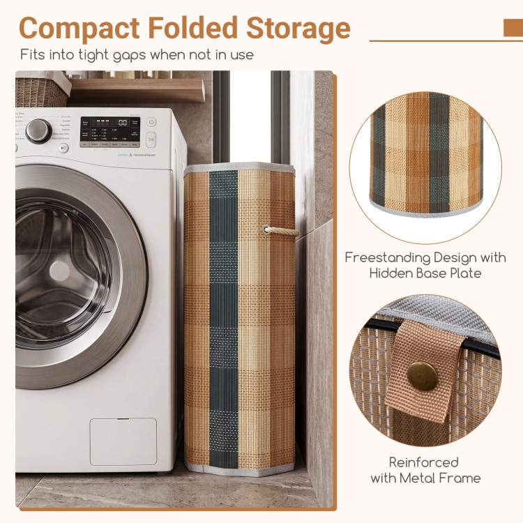 Freestanding 13.2-gallon laundry hamper with a bamboo frame, removable liner, and compact folded storage for tight spaces.
