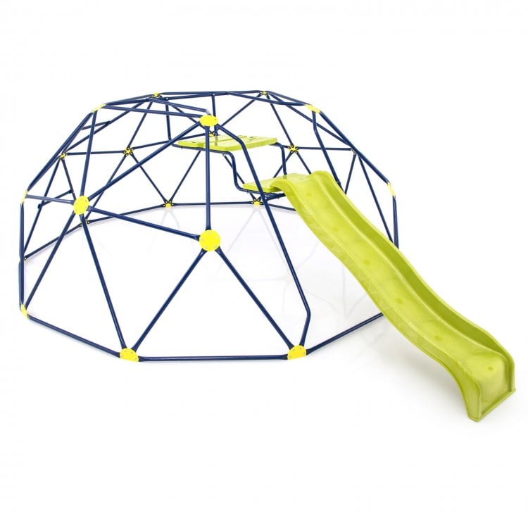 Geometric dome climber with extended wavy slide and two rest platforms, designed for kids aged 5-10 for outdoor play.