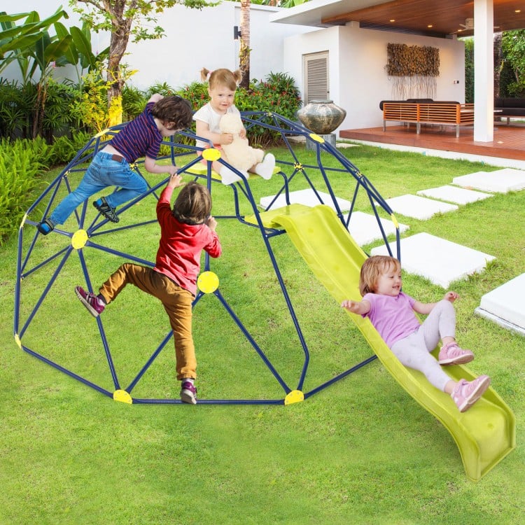 Climbing dome with extended wavy slide and two rest platforms, designed for kids aged 5-10 for outdoor play.