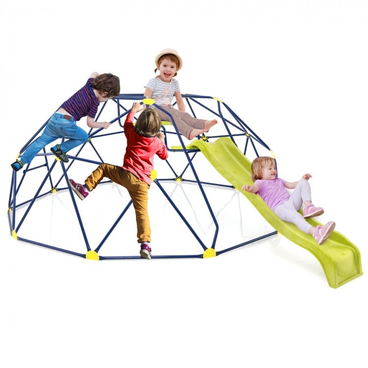 Geometric climbing dome with extended wavy slide and two rest platforms for kids aged 5-10, promoting active play.