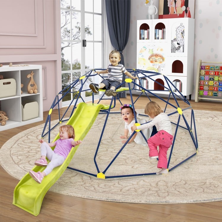 Multicolor 13.3 FT climbing dome with extended wavy slide and two rest platforms for indoor or outdoor play.