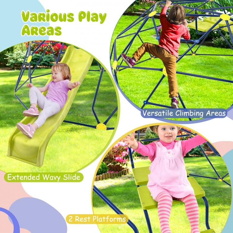 Extended wavy slide and climbing areas on the 13.3 FT dome climber for kids aged 5-10, promoting active play outdoors.