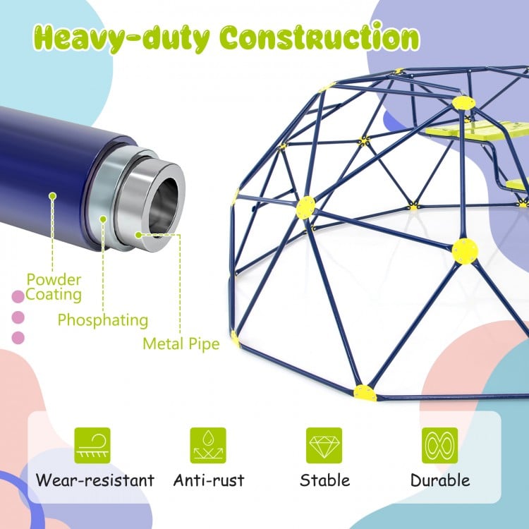 Heavy-duty metal pipe construction of the 13.3 FT climbing dome climber with multicolor design for outdoor play.