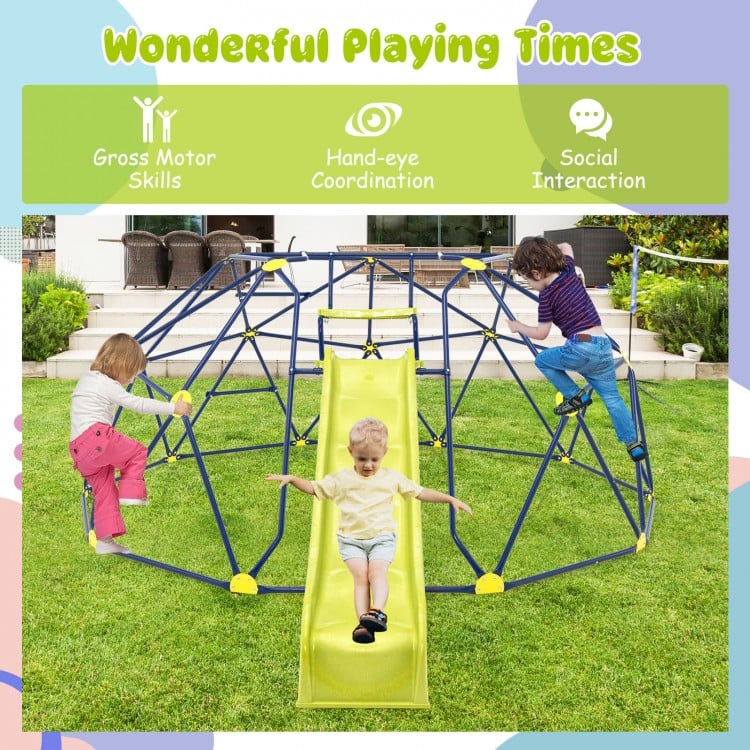 Multicolor 13.3 FT climbing dome with extended wavy slide and two rest platforms for outdoor play and skill development.