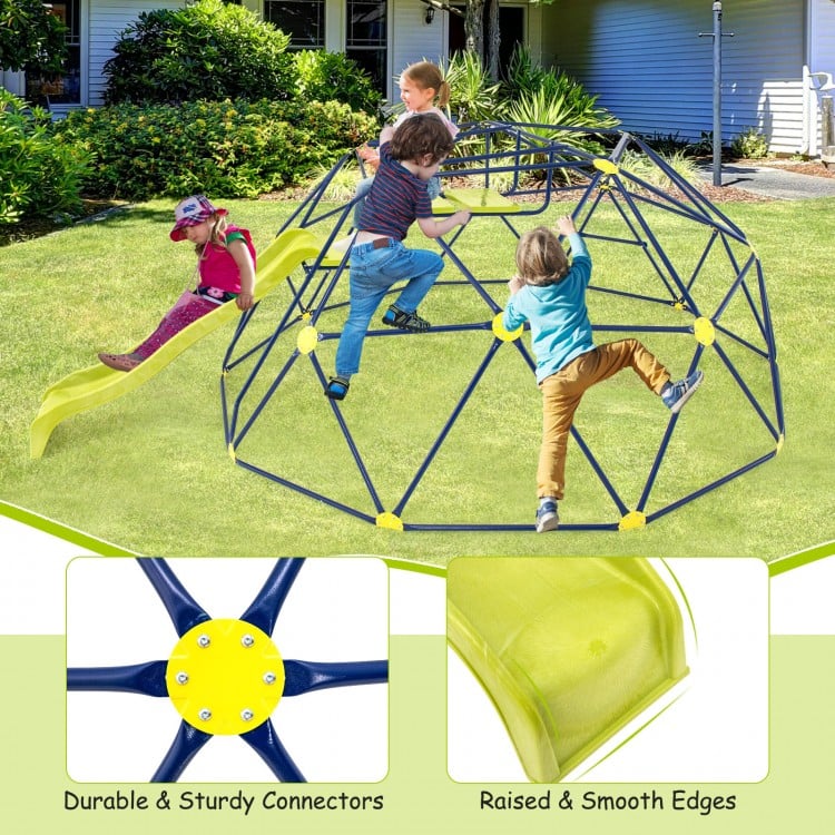 Climbing dome with extended wavy slide, sturdy connectors, and two rest platforms for outdoor fun and play.