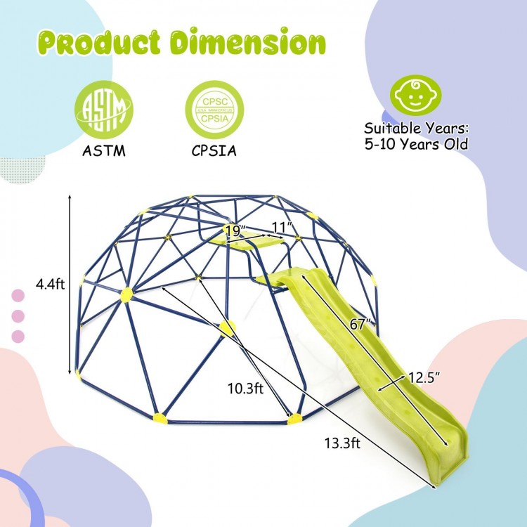 13.3 FT climbing dome with extended wavy slide and 2 rest platforms, designed for children aged 5-10 years old.