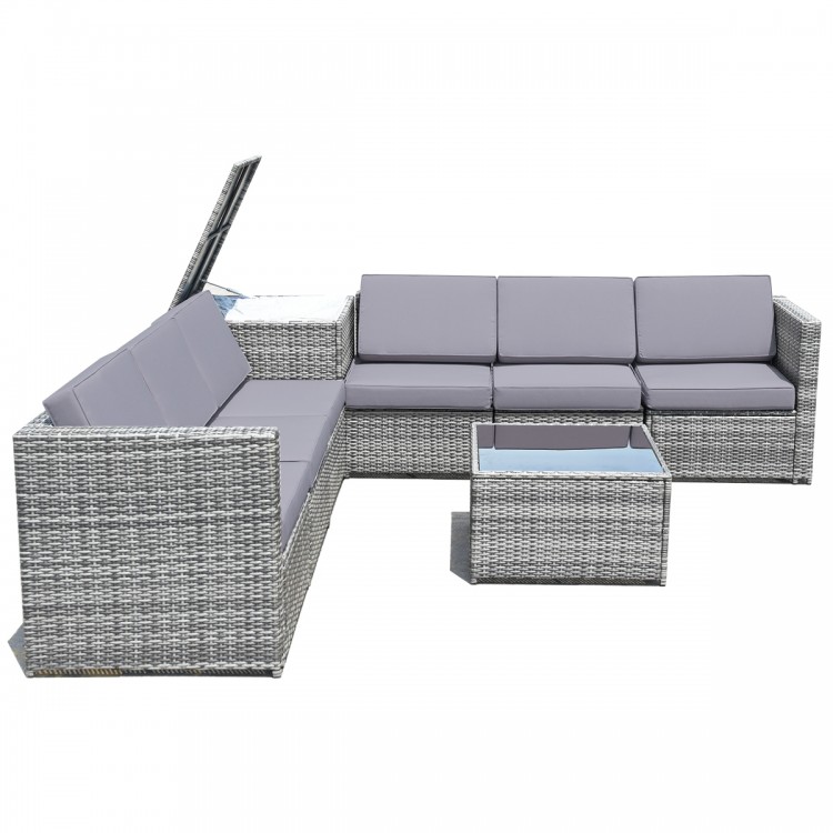 Gray 8-piece wicker sofa rattan dining set with storage table and cushions, perfect for indoor and outdoor use.