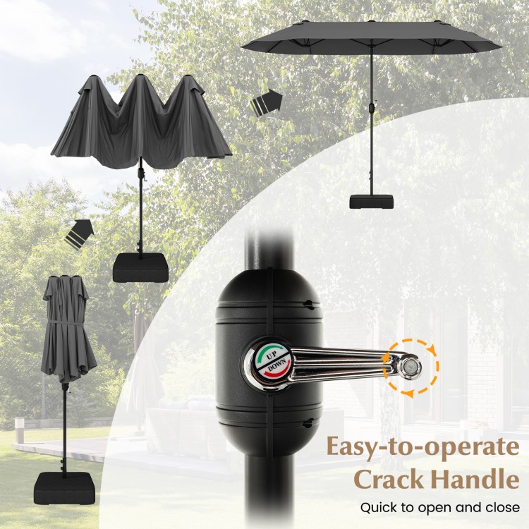 Double-sided 13 feet patio umbrella in gray with easy-to-operate crank handle for poolside or garden shade.