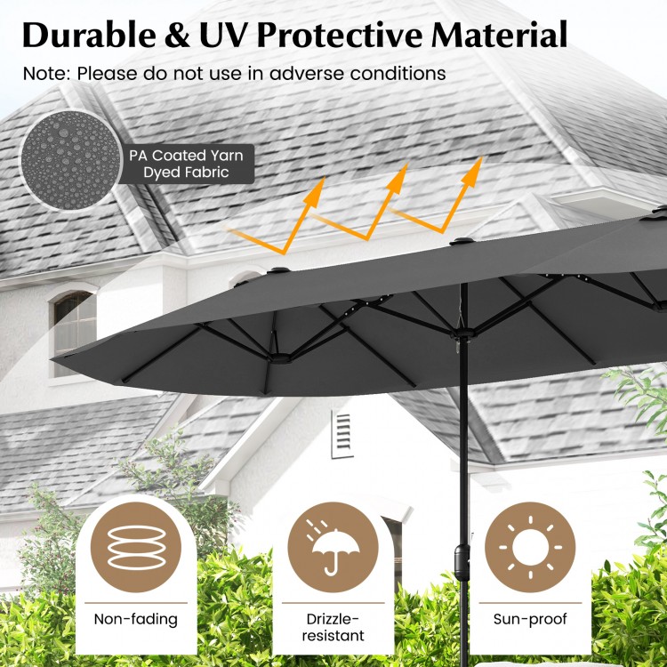 Double-sided gray patio umbrella with crank handle, made of PA coated yarn-dyed fabric, sun-proof and drizzle-resistant.