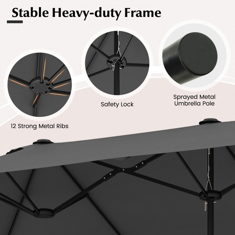 Double-sided patio umbrella with crank handle, gray fabric, 12 metal ribs, and safety lock for enhanced stability.