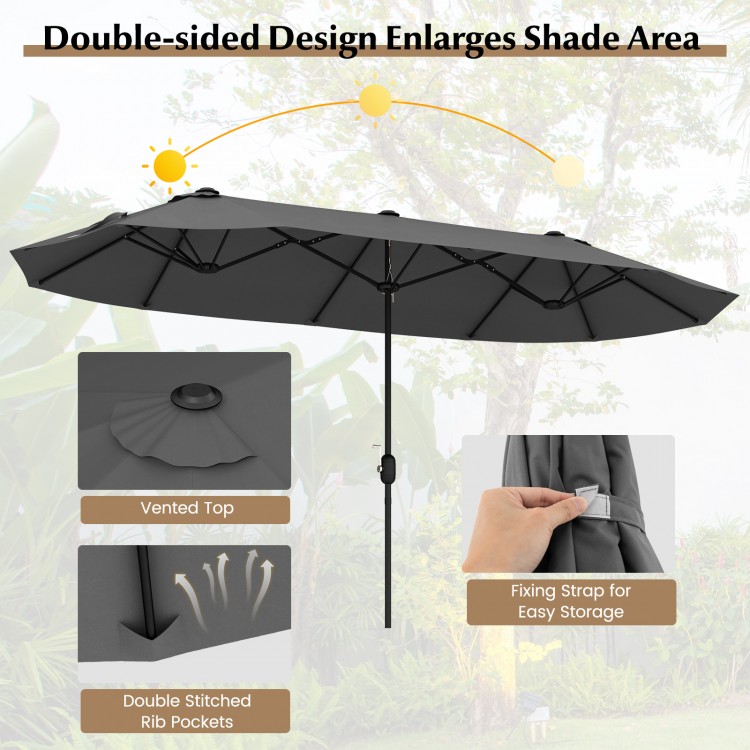 Double-sided gray patio umbrella with crank handle, featuring a vented top and double-stitched rib pockets for.