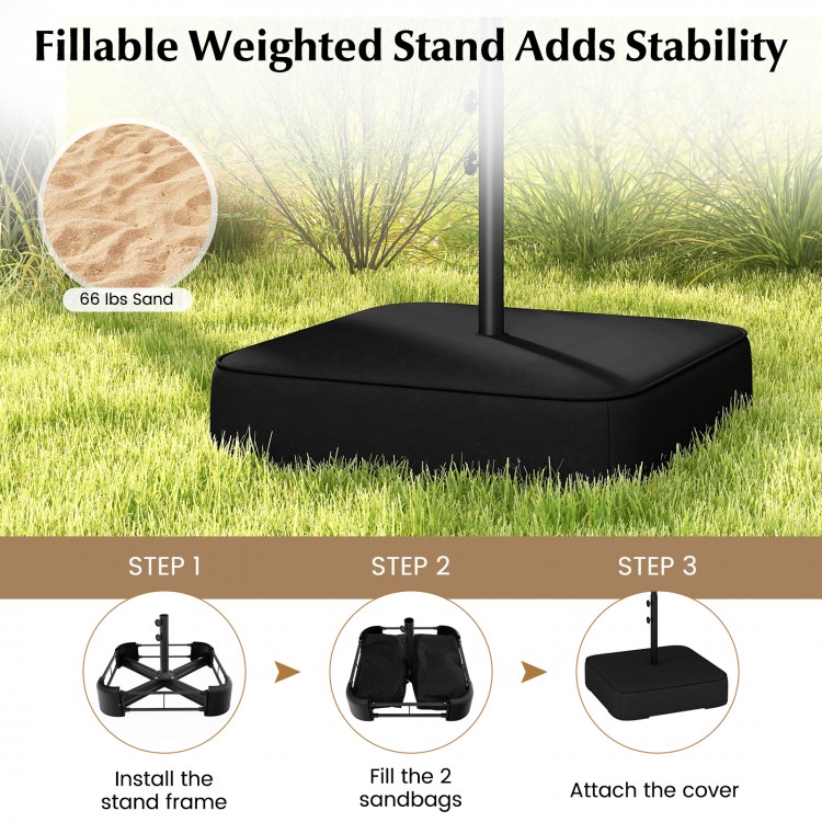 Fillable weighted stand for 13 feet double-sided patio umbrella, ensuring stability for outdoor use in gardens and.