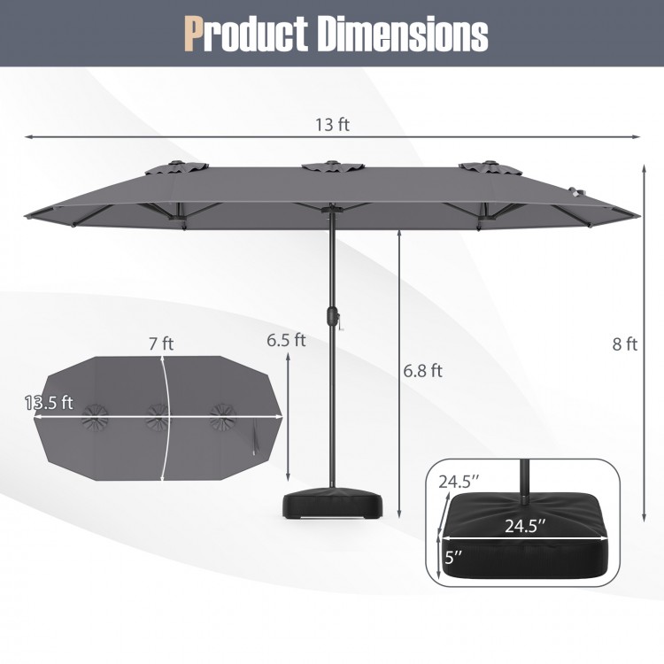 Double-sided 13 ft gray patio umbrella with crank handle, vented top, and fillable weighted stand for outdoor use.