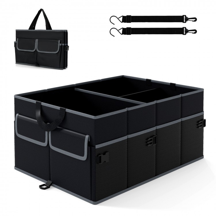 Black 13-gallon car trunk organizer with removable divider, 6 pockets, and collapsible design for efficient storage.