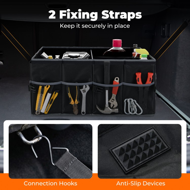 Car trunk organizer with 3 compartments and 6 pockets, made of durable black Oxford fabric, featuring anti-slip base.