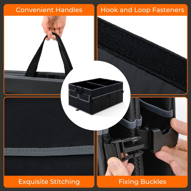 Black 13-gallon car trunk organizer with removable divider, featuring convenient handles and multiple storage pockets.