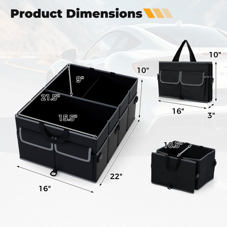 Black 13-gallon car trunk organizer with removable divider, showing dimensions and pockets for organized storage.