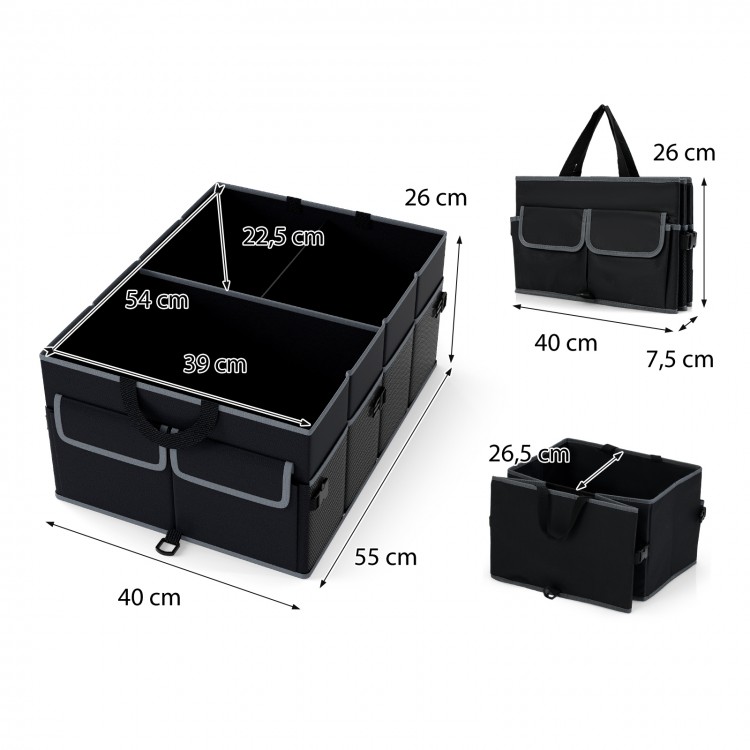 Black 13-gallon car trunk organizer with removable divider, featuring three compartments and six pockets for efficient.