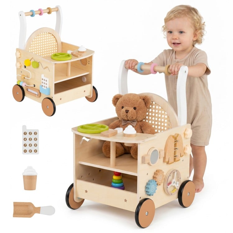 Wooden baby walker with wheels and storage, featuring engaging activities for toddlers aged 1+, perfect for learning play.