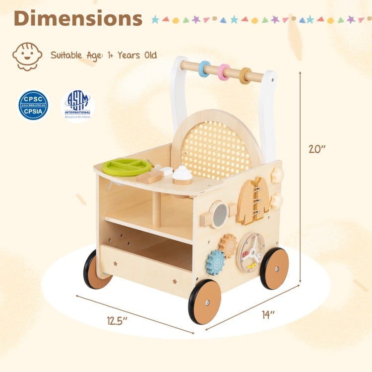 Wooden baby walker with wheels, storage, and engaging activities for toddlers aged 1+, designed for safe and fun play.
