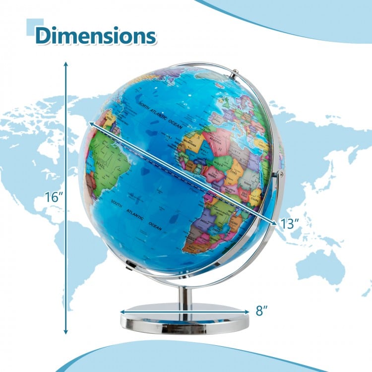 Illuminated 13-inch world globe with a 720° rotation, featuring colorful geographic details and a stable base for.