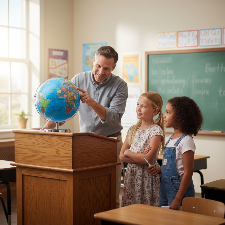 Illuminated 13-inch world globe on a wooden podium, showcasing colorful geography for classroom learning and decoration.