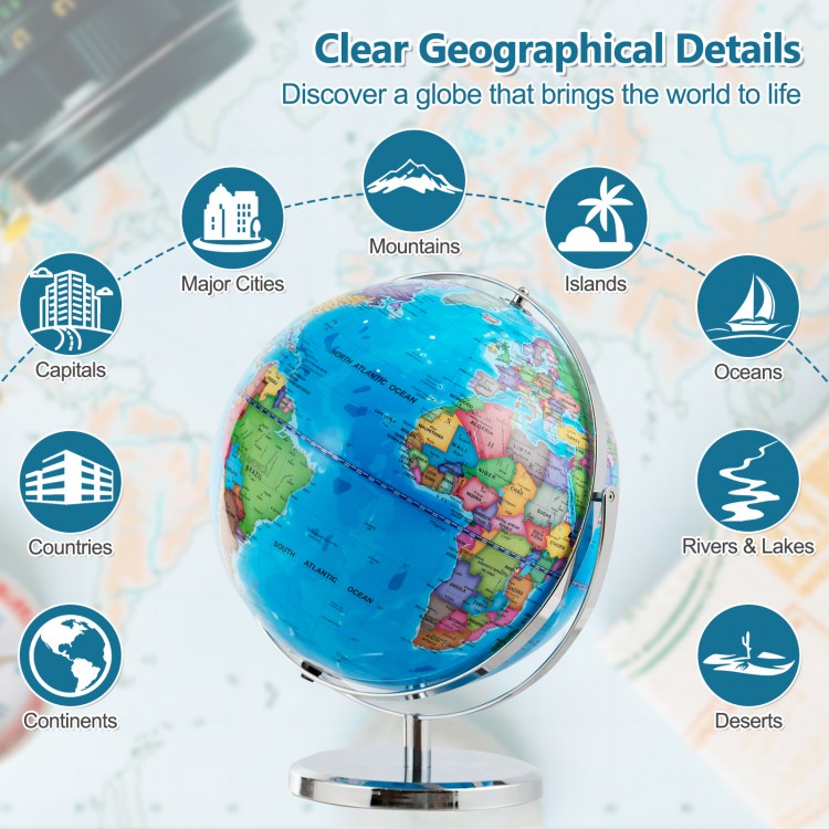 Illuminated 13-inch world globe with 720° rotation, featuring detailed geographic information for educational use.