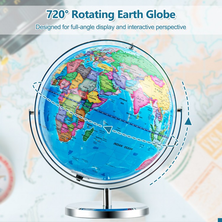13-inch illuminated world globe with 720° rotation, colorful geographic details, ideal for education and decoration.
