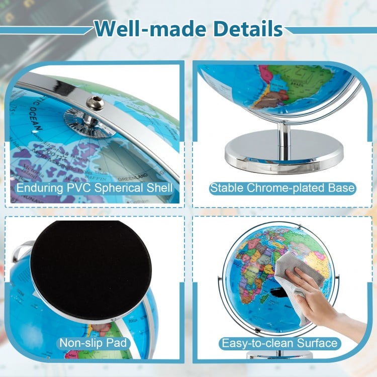 Illuminated 13-inch world globe with a chrome base, featuring a non-slip pad and easy-to-clean surface for educational.