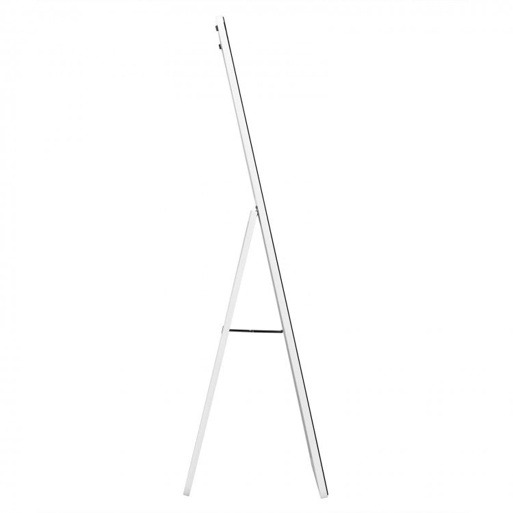 Frameless floor mirror with solid wood frame, U-shaped bracket, and explosion-proof glass, ideal for bedrooms or living.