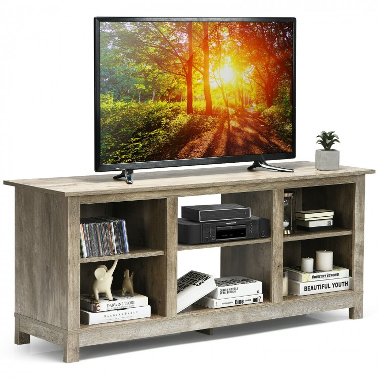 58" gray TV stand with 6 open shelves, made of engineered wood, perfect for living room or bedroom decor.