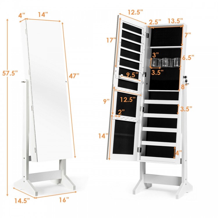 Standing jewelry armoire cabinet in white with full-length mirror, featuring 120 earring slots and lockable design.