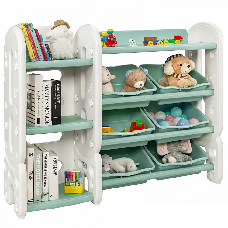 Kids toy storage organizer in green with 6 bins and bookshelf, perfect for keeping playrooms tidy and accessible.