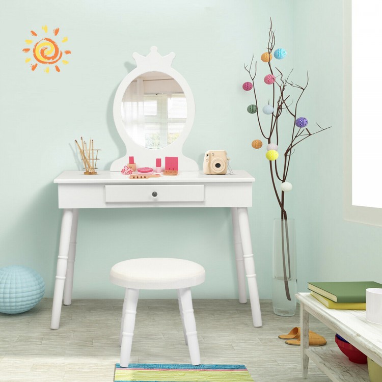 White vanity makeup table and chair set with a round mirror, ideal for a child's bedroom or playroom.