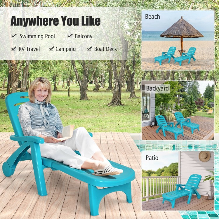 Turquoise 5-position adjustable folding lounger chaise chair, perfect for outdoor relaxation by the pool or patio.