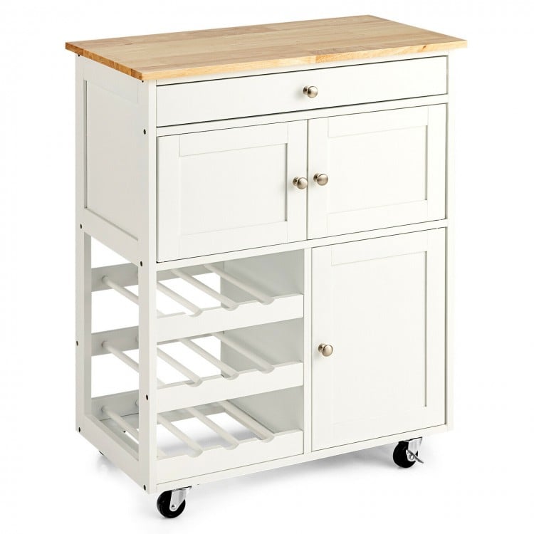 Kitchen cart with rubber wood top, featuring 2 cabinets, a drawer, and 3-tier wine racks for versatile storage.