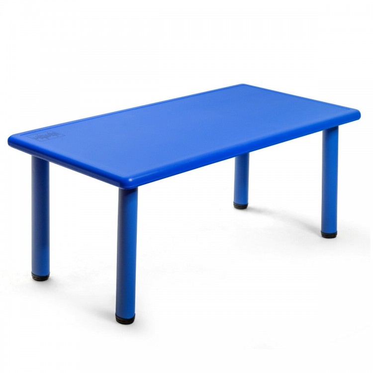 Blue kids' plastic rectangular table with reinforced steel legs, perfect for preschools and home use.