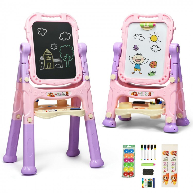 Height adjustable pink kids art easel with magnetic whiteboard and chalkboard, featuring a spacious storage tray for.