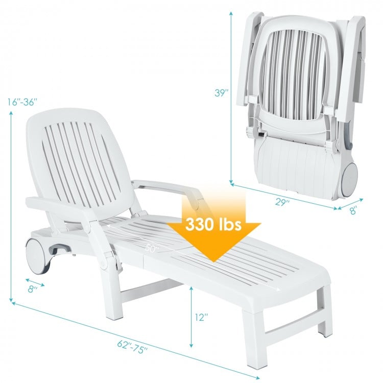 Adjustable white patio sun lounger with weather-resistant wheels, folding design, supports 330 lbs, ideal for outdoor.