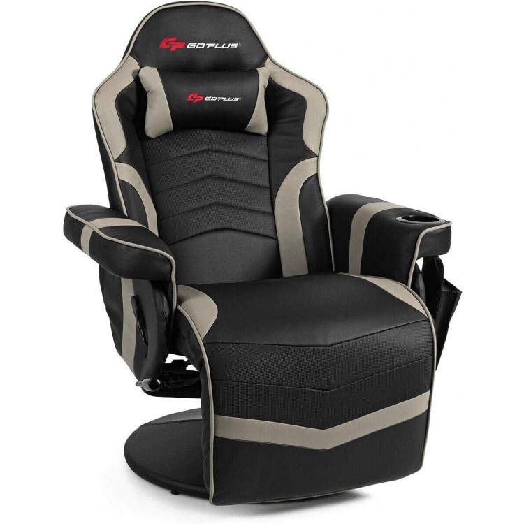 Ergonomic high back massage gaming chair in gray, featuring plush padding and a side pouch for convenient storage.