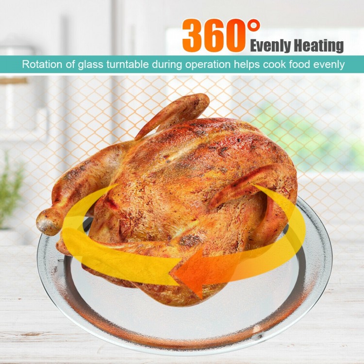 Compact 0.9 Cu.ft retro microwave oven with glass turntable for 360° even heating, ideal for small spaces.
