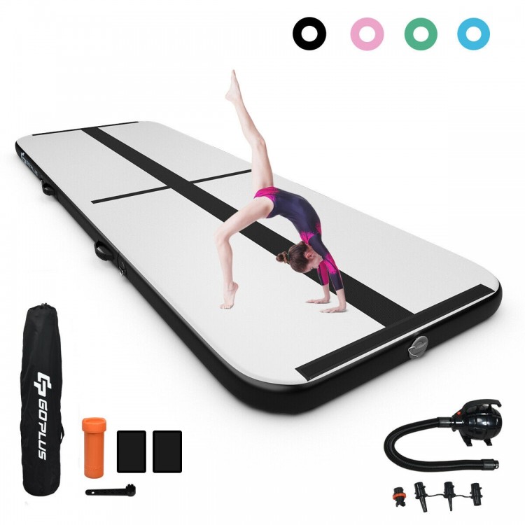Inflatable 13 feet gymnastics tumbling mat in black, made of durable PVC, ideal for gymnastics and water yoga.